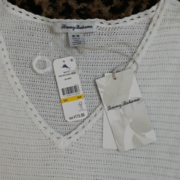 Tommy Bahama White Linen Cotton Knit Sweater V Neck Tunic Tassels Womens M Shirt - Picture 8 of 9